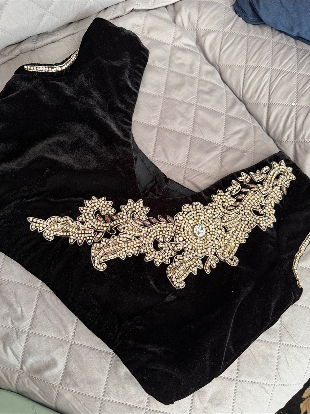 Black Velvet Cropped Top with Beaded Trim - Picture 3 of 11
